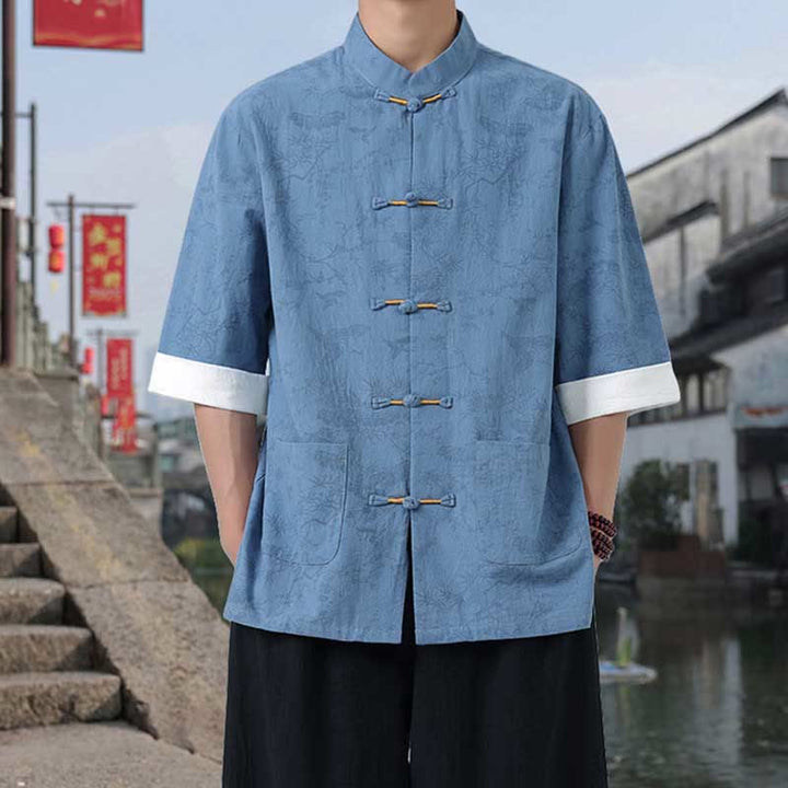 Buddha Stones Summer Crane Pine Tree Pattern Tang Suit Men's Frog-Button Half Sleeve Cotton Shirt With Pockets - image 16