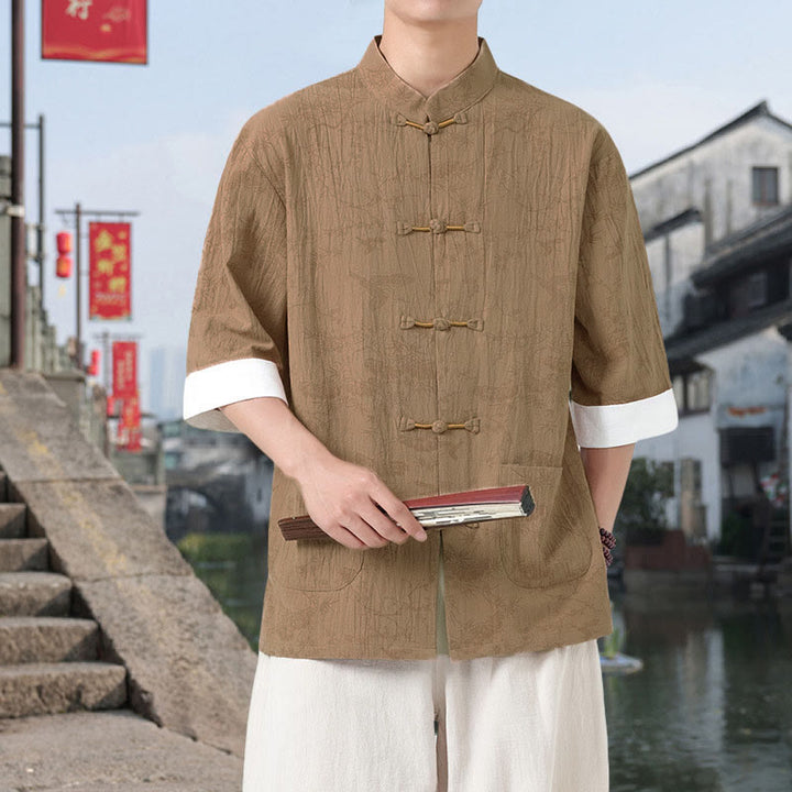 Buddha Stones Summer Crane Pine Tree Pattern Tang Suit Men's Frog-Button Half Sleeve Cotton Shirt With Pockets - image 9
