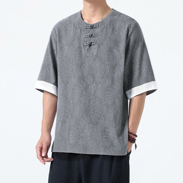 Buddha Stones Summer Flowers Grass Pattern Tang Suit Men's Frog-Button Half Sleeve Cotton Shirt - LightGrey - US/UK/AU46，EU56 (5XL) - image 3