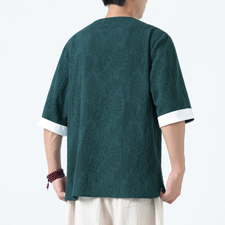 Buddha Stones Summer Flowers Grass Pattern Tang Suit Men's Frog-Button Half Sleeve Cotton Shirt - image 2