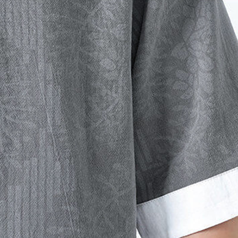 Buddha Stones Summer Flowers Grass Pattern Tang Suit Men's Frog-Button Half Sleeve Cotton Shirt - image 8