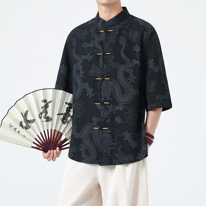 Buddha Stones Summer Dragon Auspicious Clouds Pattern Tang Suit Men's Frog-Button Half Sleeve Cotton Shirt - Black - US/UK/AU46，EU56 (5XL) - image 0