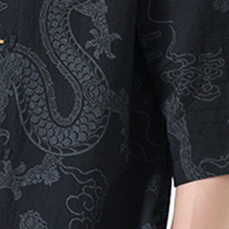 Buddha Stones Summer Dragon Auspicious Clouds Pattern Tang Suit Men's Frog-Button Half Sleeve Cotton Shirt - image 5