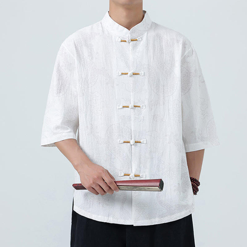 Buddha Stones Summer Dragon Auspicious Clouds Pattern Tang Suit Men's Frog-Button Half Sleeve Cotton Shirt - image 19