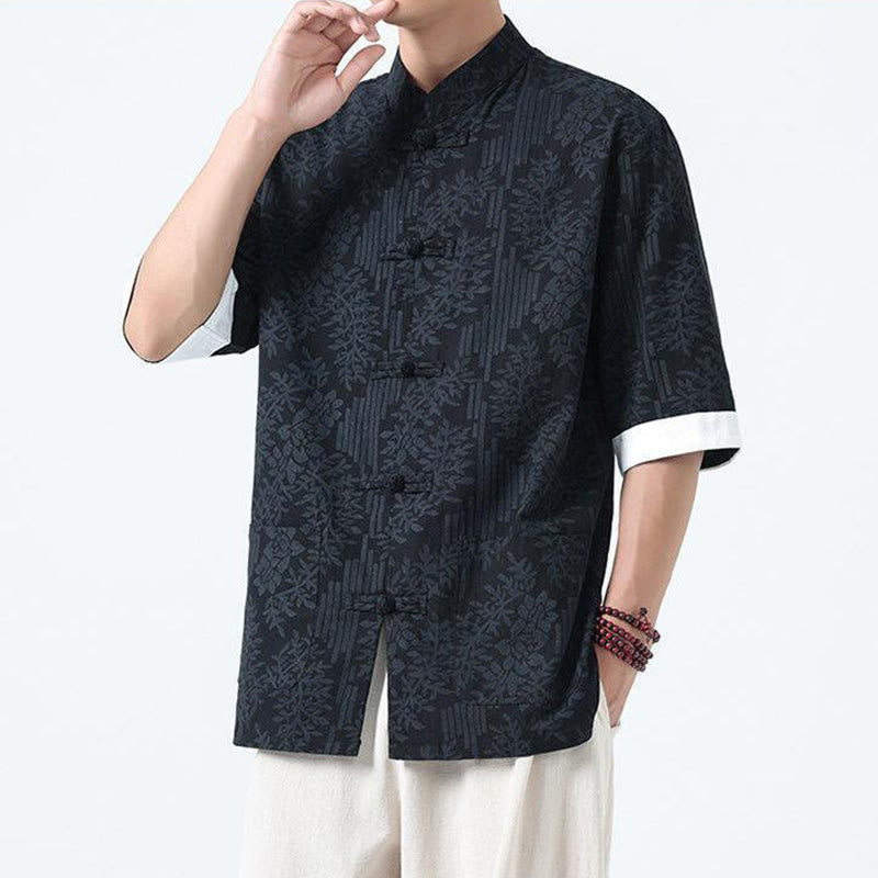 Buddha Stones Summer Flowers Grass Pattern Tang Suit Men's Frog-Button Half Sleeve Cotton Shirt With Pockets - image 3