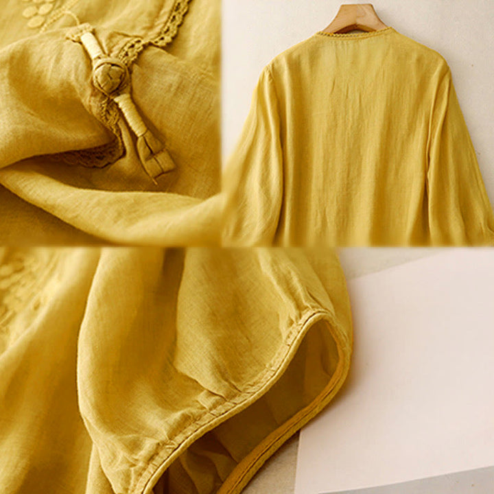 Buddha Stones Embroidered Grapes Pattern Lace Design Frog-Button Three Quarter Sleeve Women's Cotton Shirt - image 12