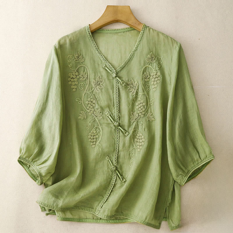 Buddha Stones Embroidered Grapes Pattern Lace Design Frog-Button Three Quarter Sleeve Women's Cotton Shirt - LimeGreen - US8-10，UK/AU12-14，EU40-42 (2XL) - image 0