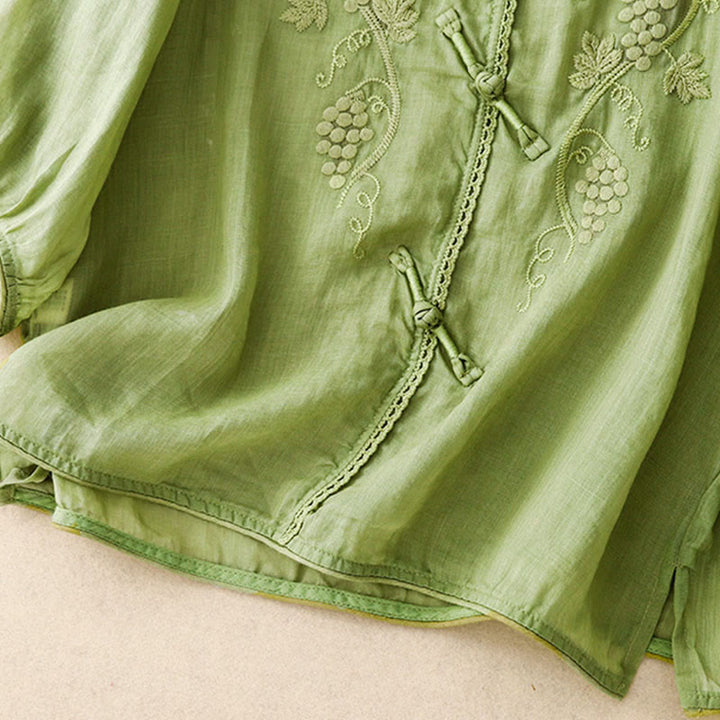Buddha Stones Embroidered Grapes Pattern Lace Design Frog-Button Three Quarter Sleeve Women's Cotton Shirt - image 2