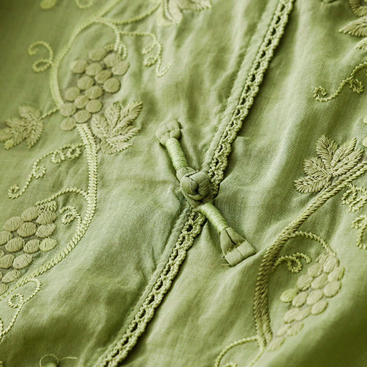 Buddha Stones Embroidered Grapes Pattern Lace Design Frog-Button Three Quarter Sleeve Women's Cotton Shirt - image 1