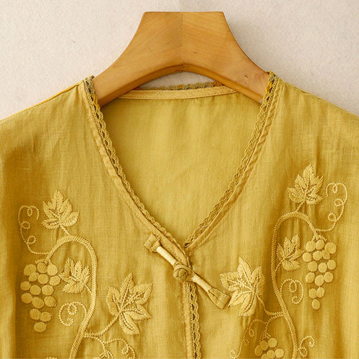 Buddha Stones Embroidered Grapes Pattern Lace Design Frog-Button Three Quarter Sleeve Women's Cotton Shirt - image 10