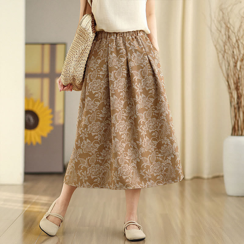 Buddha Stones Printing Flower Paisley Pattern A-line Elastic Waist Cotton Women's Skirt With Pockets - BurlyWood - US8-10，UK/AU12-14，EU40-42 (2XL) - image 8