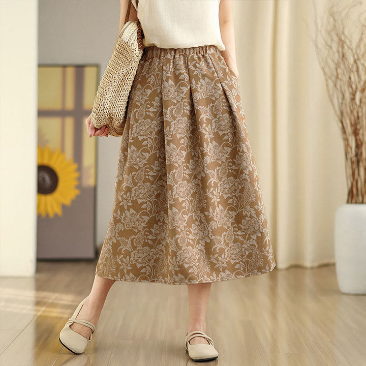 Buddha Stones Printing Flower Paisley Pattern A-line Elastic Waist Cotton Women's Skirt With Pockets - BurlyWood - US8-10，UK/AU12-14，EU40-42 (2XL) - image 8