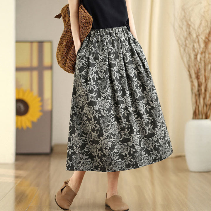 Buddha Stones Printing Flower Paisley Pattern A-line Elastic Waist Cotton Women's Skirt With Pockets - image 4