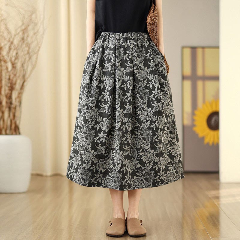 Buddha Stones Printing Flower Paisley Pattern A-line Elastic Waist Cotton Women's Skirt With Pockets - image 0