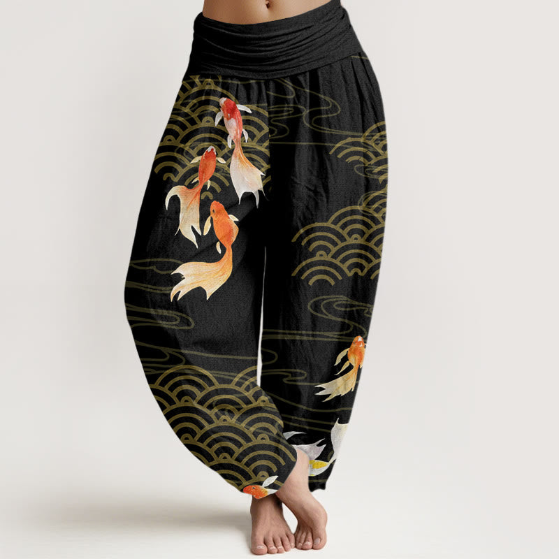 Buddha Stones Pure Cotton Red Koi Fish Fan-shaped Waves Women's Elastic Waist Harem Pants - Black - US16，UK/AU20，EU48 (3XL) - image 8