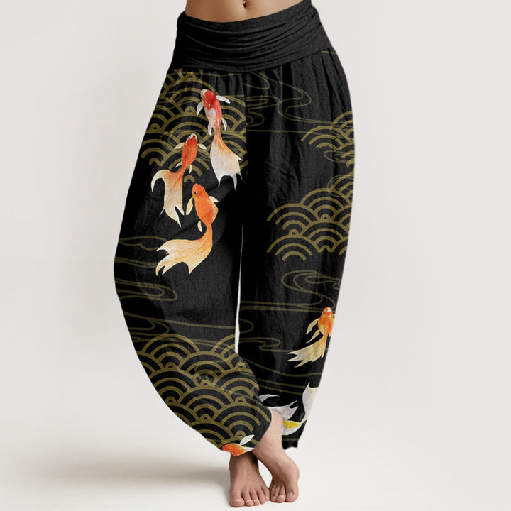 Buddha Stones Pure Cotton Red Koi Fish Fan-shaped Waves Women's Elastic Waist Harem Pants - Black - US16，UK/AU20，EU48 (3XL) - image 8