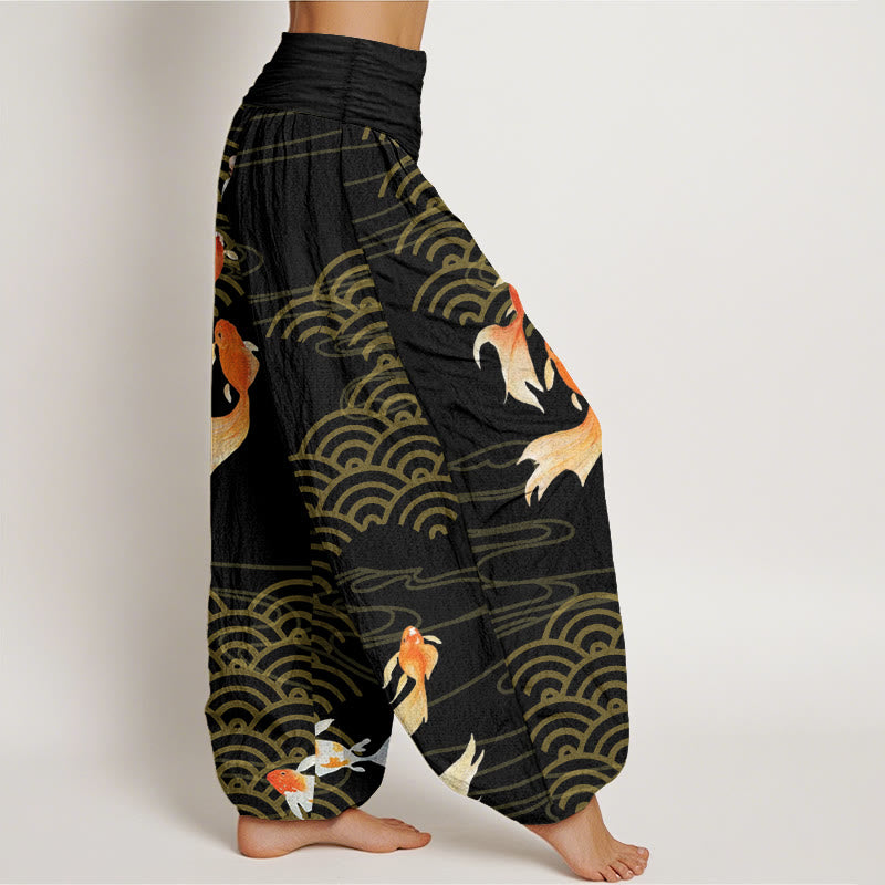 Buddha Stones Pure Cotton Red Koi Fish Fan-shaped Waves Women's Elastic Waist Harem Pants - image 10