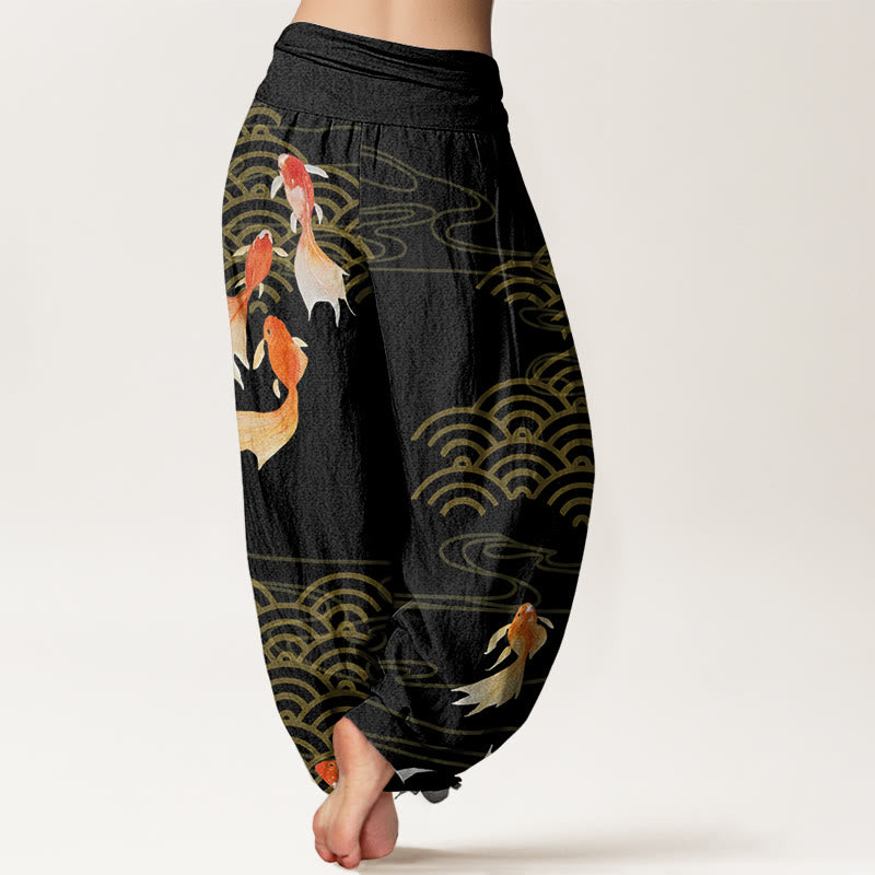 Buddha Stones Pure Cotton Red Koi Fish Fan-shaped Waves Women's Elastic Waist Harem Pants - image 9