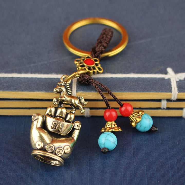 Buddha Stones Year Of The Horse Copper Brass String Five-Emperor Coins Balance Key Chain - Blue Red Bead Horse - image 0
