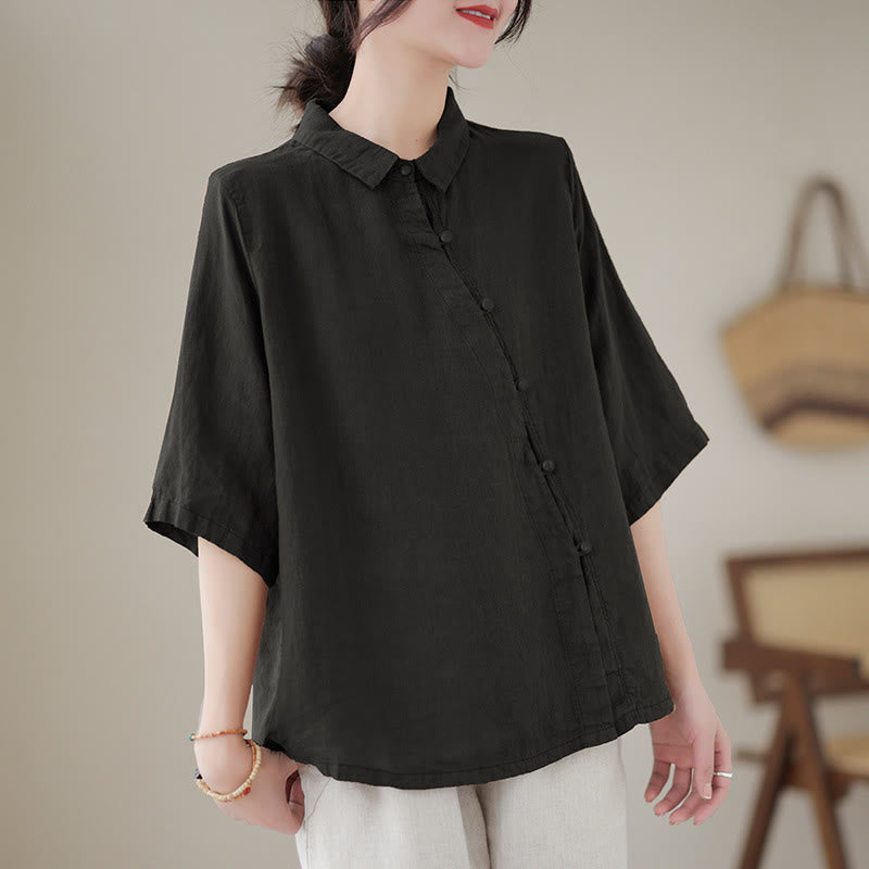 Buddha Stones Lapel Frog-Button Diagonal Placket Design Three Quarter Sleeve Women's Cotton Shirt - Black - US8-10，UK/AU12-14，EU40-42 (2XL) - image 10