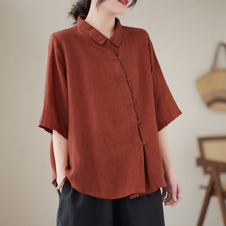 Buddha Stones Lapel Frog-Button Diagonal Placket Design Three Quarter Sleeve Women's Cotton Shirt - image 2