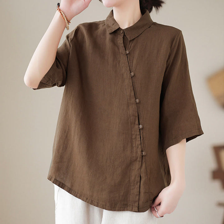 Buddha Stones Lapel Frog-Button Diagonal Placket Design Three Quarter Sleeve Women's Cotton Shirt - image 14