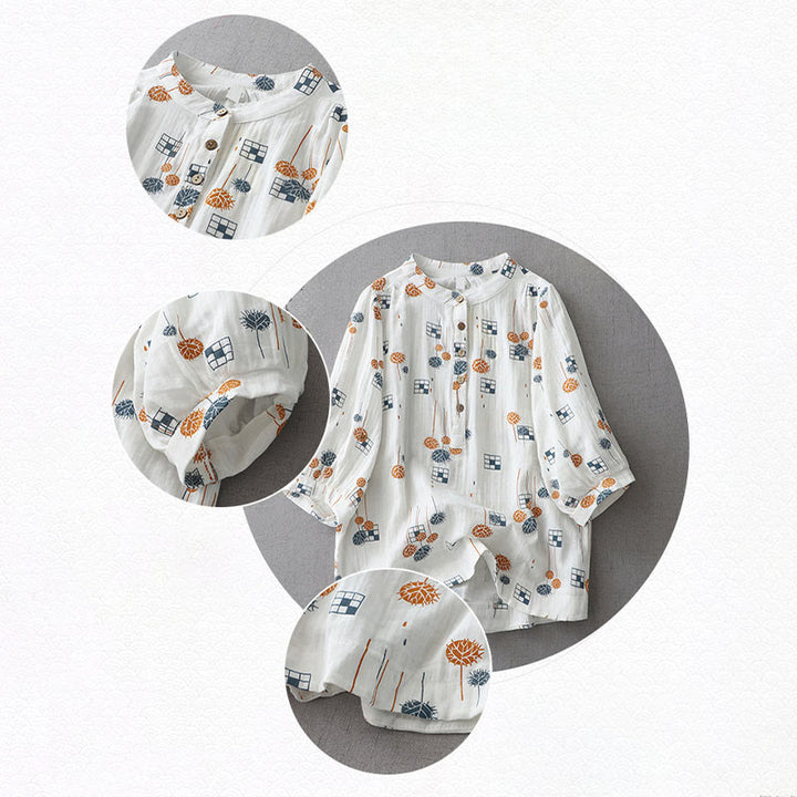 Buddha Stones Printed Half Button DesignThree Quarter Gathered Sleeve Women's Cotton Shirt - image 10