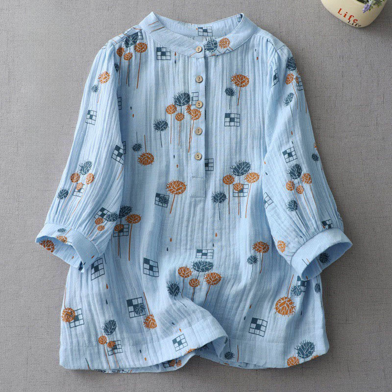 Buddha Stones Printed Half Button DesignThree Quarter Gathered Sleeve Women's Cotton Shirt - LightSkyBlue - US6，UK/AU10，EU38 (XL) - image 11