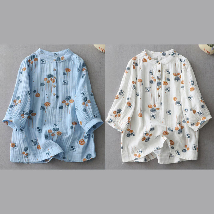 Buddha Stones Printed Half Button DesignThree Quarter Gathered Sleeve Women's Cotton Shirt - image 20