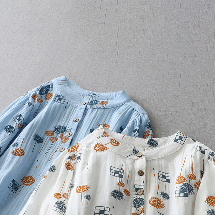 Buddha Stones Printed Half Button DesignThree Quarter Gathered Sleeve Women's Cotton Shirt - image 19