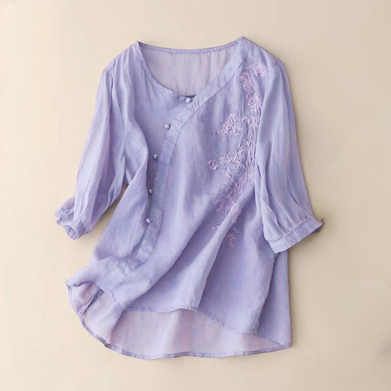 Buddha Stones Casual Loose Flower Embroidery Frog Button Short Sleeve Women's Shirt - MediumPurple - US14，UK/AU18，EU46 (4XL) - image 2