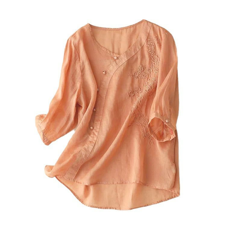 Buddha Stones Casual Loose Flower Embroidery Frog Button Short Sleeve Women's Shirt - image 10