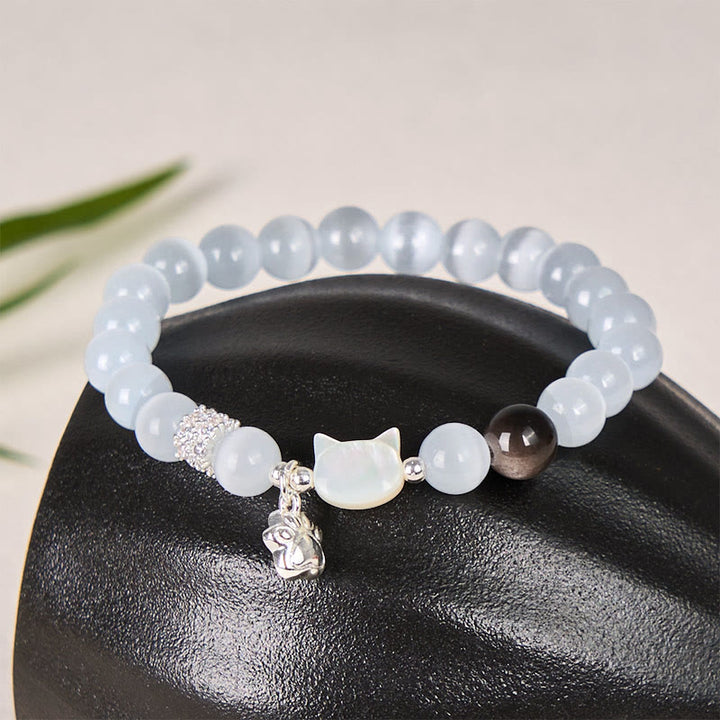 Buddha Stones Cat Head White Cat's Eye Silver Sheen Obsidian Positive Bracelet - White Cat's Eye Bead Size 8mm(Wrist Circumference:14-15cm) - image 0