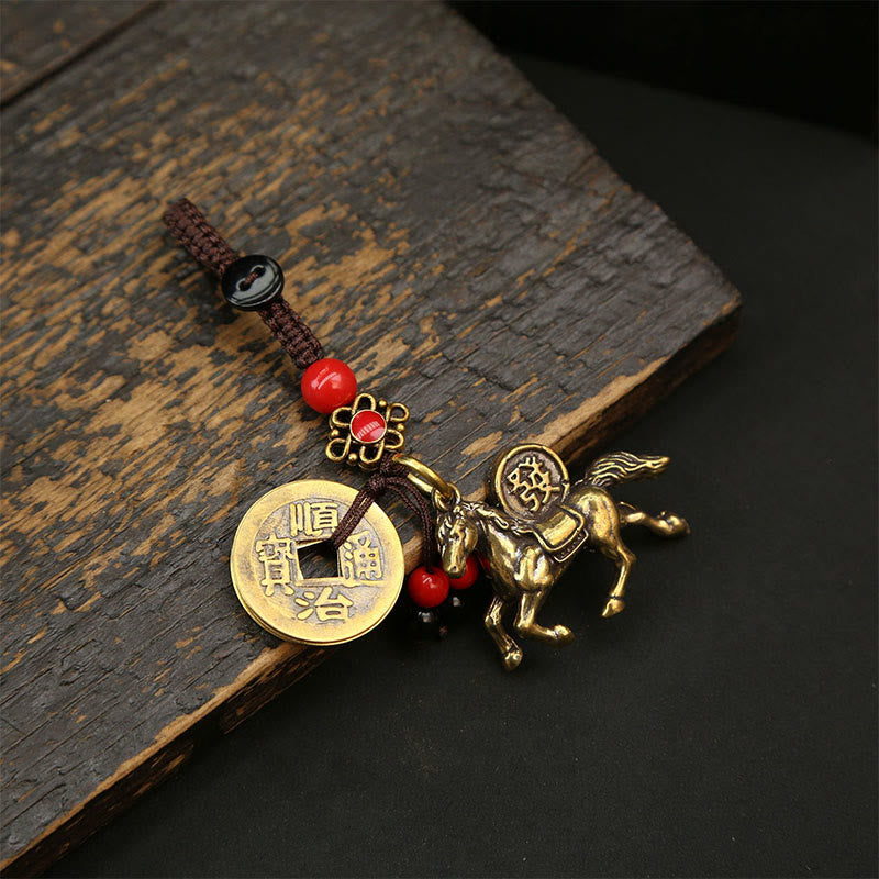 Buddha Stones Year Of The Horse Copper Brass Five-emperor Coins Pixiu Ward Off Evil Spirits Key Chain - Red Bead Peach Blossom Five-Emperor Coins Horse - image 11