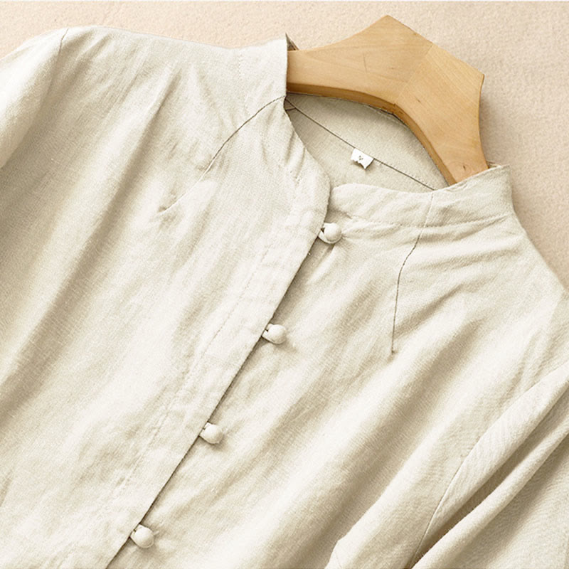 Buddha Stones Summer Women's Cotton Short Sleeve Stand Collar Side Slit Frog-Button Design Shirt - image 2