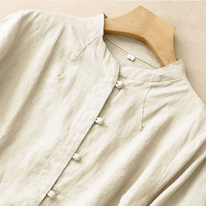 Buddha Stones Summer Women's Cotton Short Sleeve Stand Collar Side Slit Frog-Button Design Shirt - image 2