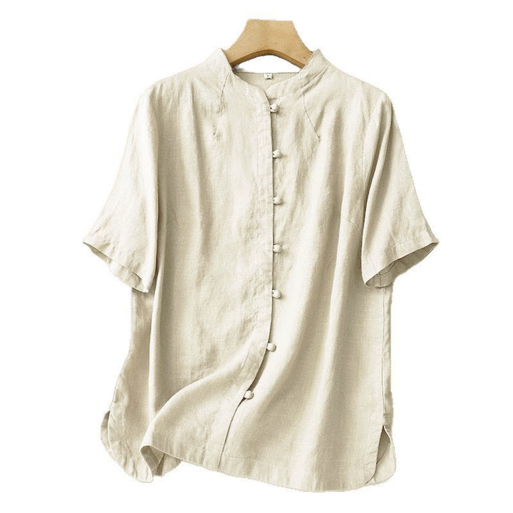 Buddha Stones Summer Women's Cotton Short Sleeve Stand Collar Side Slit Frog-Button Design Shirt - image 6