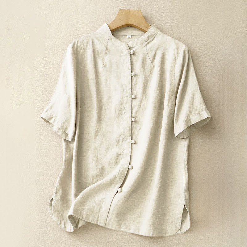 Buddha Stones Summer Women's Short Sleeve Stand Collar Side Slit Frog-Button Design Shirt - LightYellow - US8-10，UK/AU12-14，EU40-42 (2XL) - image 0