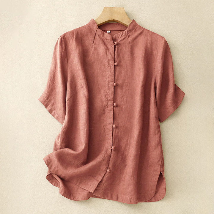 Buddha Stones Summer Women's Cotton Short Sleeve Stand Collar Side Slit Frog-Button Design Shirt - DarkSalmon - US8-10，UK/AU12-14，EU40-42 (2XL) - image 7