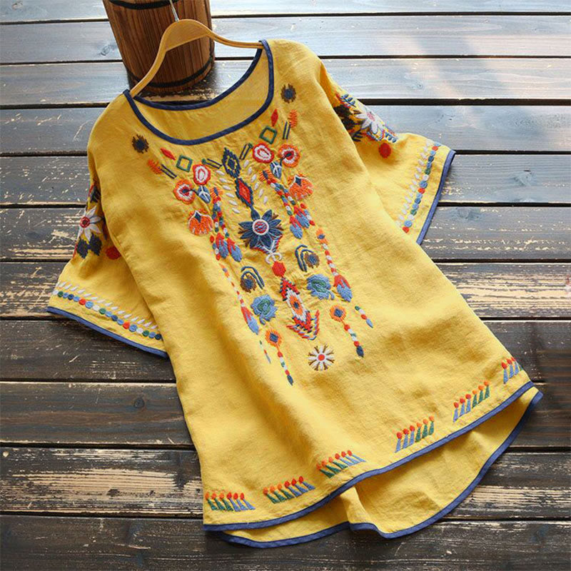 Buddha Stones Retro Artistic Embroidery Floral Pattern Crew Neck Women's Cotton Linen Short Sleeve T-Shirt - Yellow - US14，UK/AU18，EU46 (4XL) - image 14