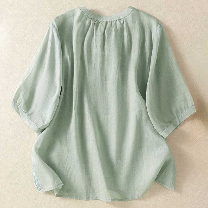 Buddha Stones Summer Embroidery Flower Lace-up Design Notched Collar Women's Short Sleeve Shirt - image 7