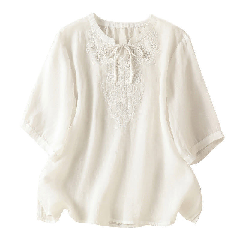 Buddha Stones Summer Embroidery Flower Lace-up Design Notched Collar Women's Short Sleeve Shirt - image 15