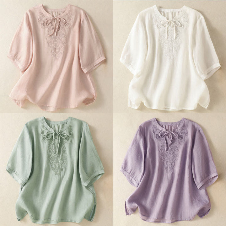 Buddha Stones Summer Embroidery Flower Lace-up Design Notched Collar Women's Short Sleeve Shirt - image 25