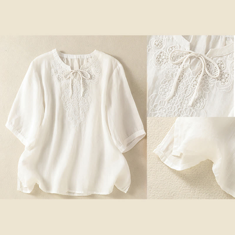 Buddha Stones Summer Embroidery Flower Lace-up Design Notched Collar Women's Short Sleeve Shirt - image 14