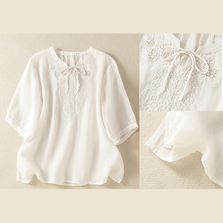 Buddha Stones Summer Embroidery Flower Lace-up Design Notched Collar Women's Short Sleeve Shirt - image 14