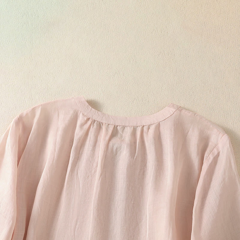 Buddha Stones Summer Embroidery Flower Lace-up Design Notched Collar Women's Short Sleeve Shirt - image 19