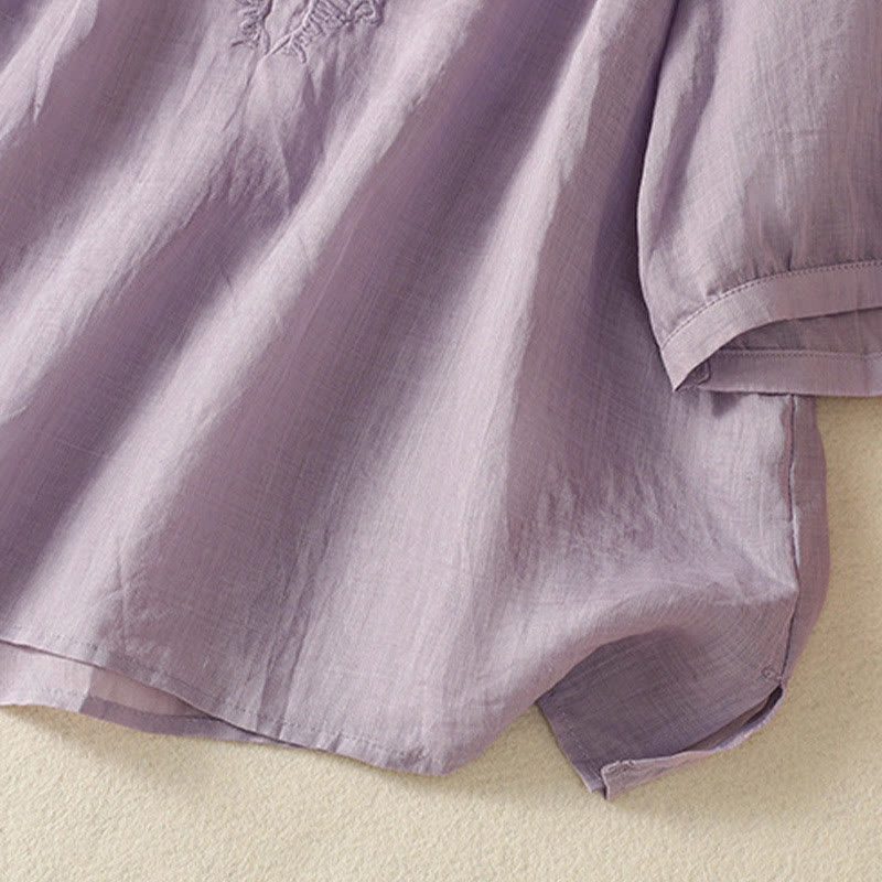 Buddha Stones Summer Embroidery Flower Lace-up Design Notched Collar Women's Short Sleeve Shirt - image 4