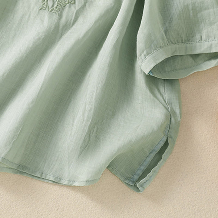 Buddha Stones Summer Embroidery Flower Lace-up Design Notched Collar Women's Short Sleeve Shirt - image 9