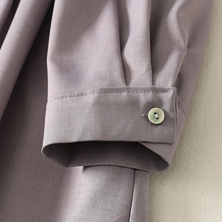 Buddha Stones Plain Lace-up Long Sleeve Half Buttons Design High Neck Women's Cotton Midi Dress With Pockets - image 14