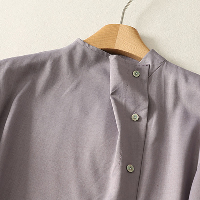 Buddha Stones Plain Lace-up Long Sleeve Half Buttons Design High Neck Women's Cotton Midi Dress With Pockets - image 12